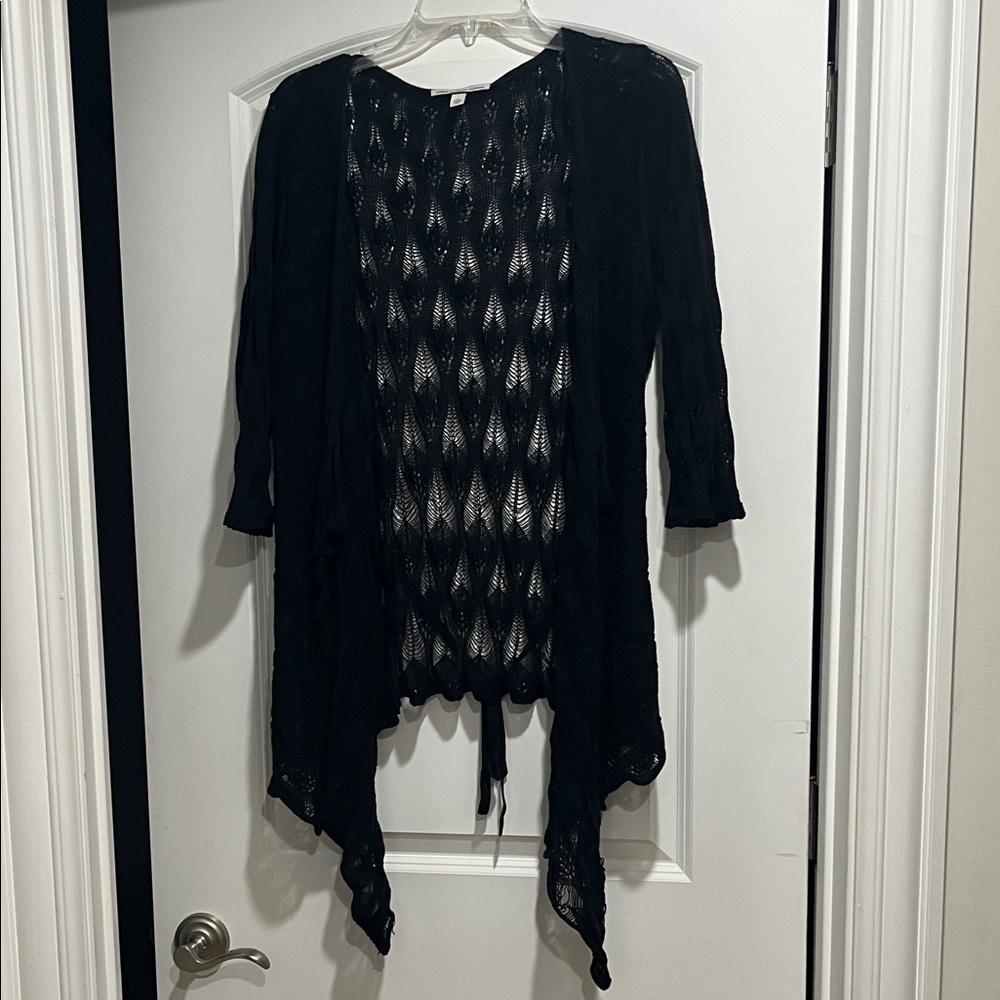 Autumn Cashmere Black Crochet Open Front Sweater